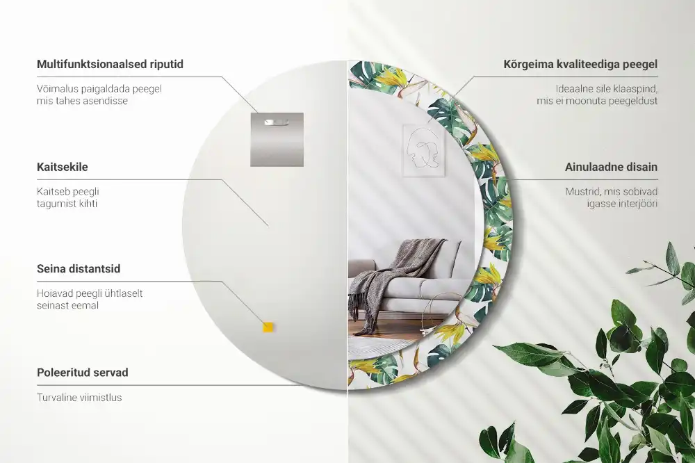 Oglindă rotundă cu ramă imprimată cu frunze tropicale