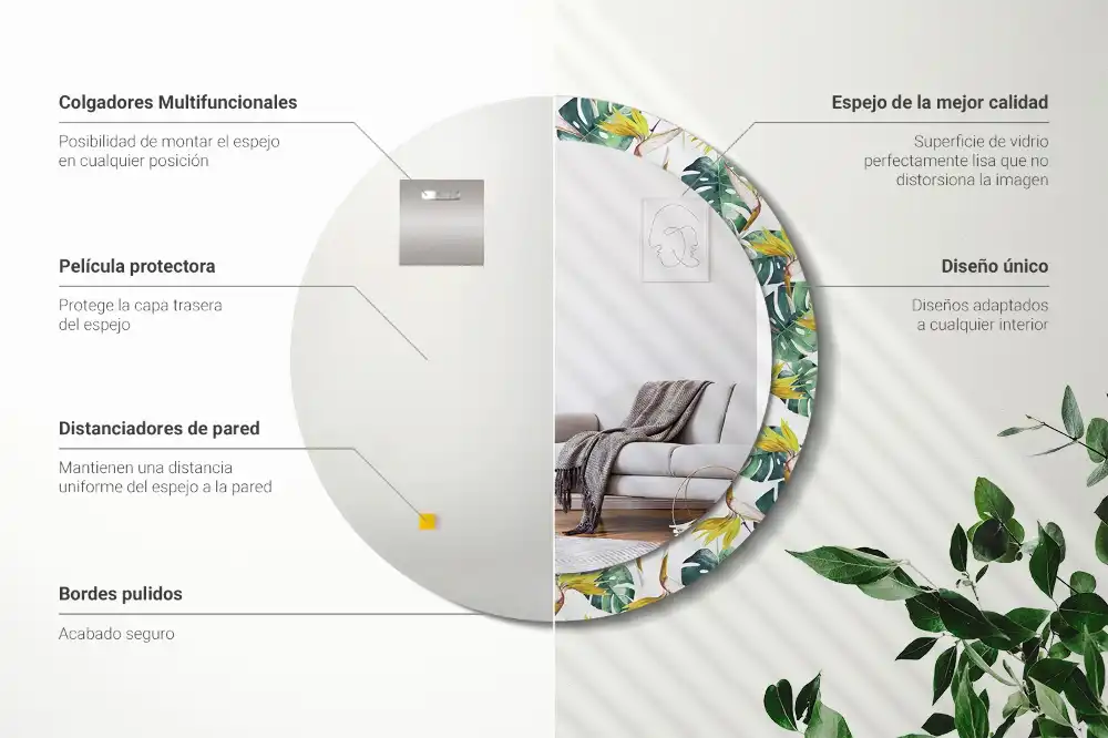 Oglindă rotundă cu ramă imprimată cu frunze tropicale