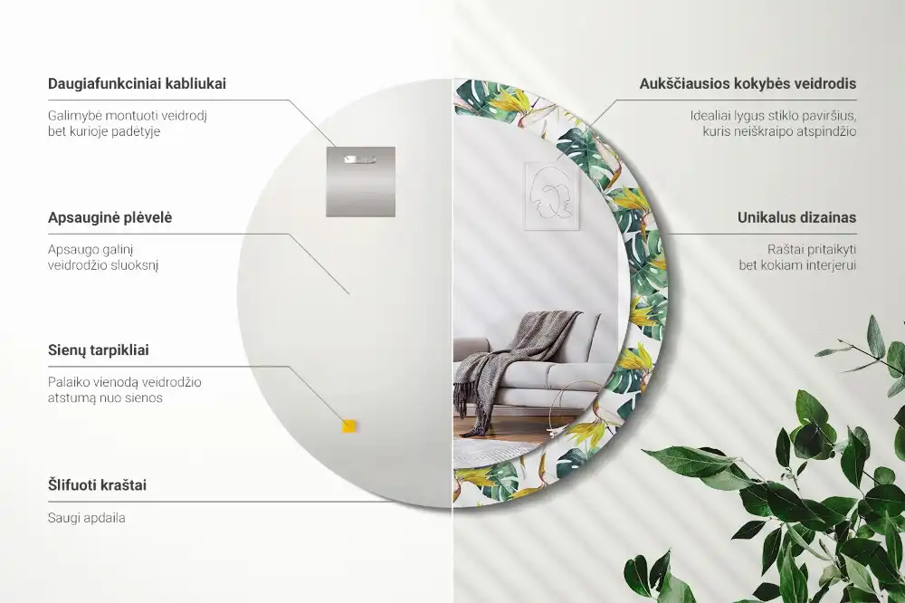 Oglindă rotundă cu ramă imprimată cu frunze tropicale