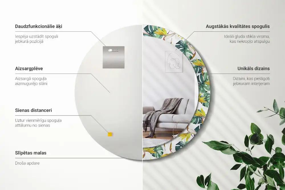 Oglindă rotundă cu ramă imprimată cu frunze tropicale