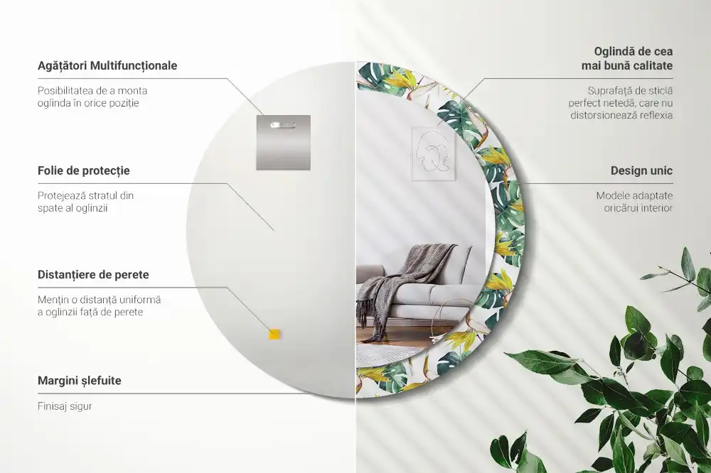 Oglindă rotundă cu ramă imprimată cu frunze tropicale