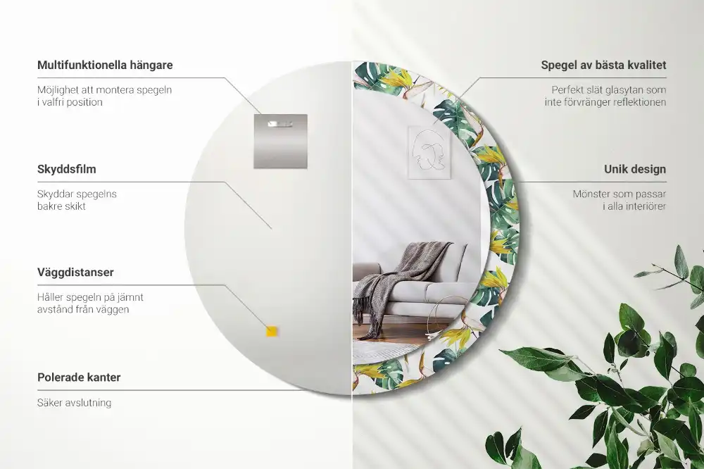Oglindă rotundă cu ramă imprimată cu frunze tropicale