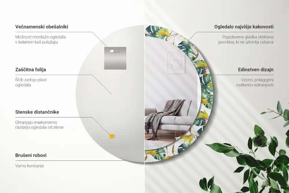 Oglindă rotundă cu ramă imprimată cu frunze tropicale