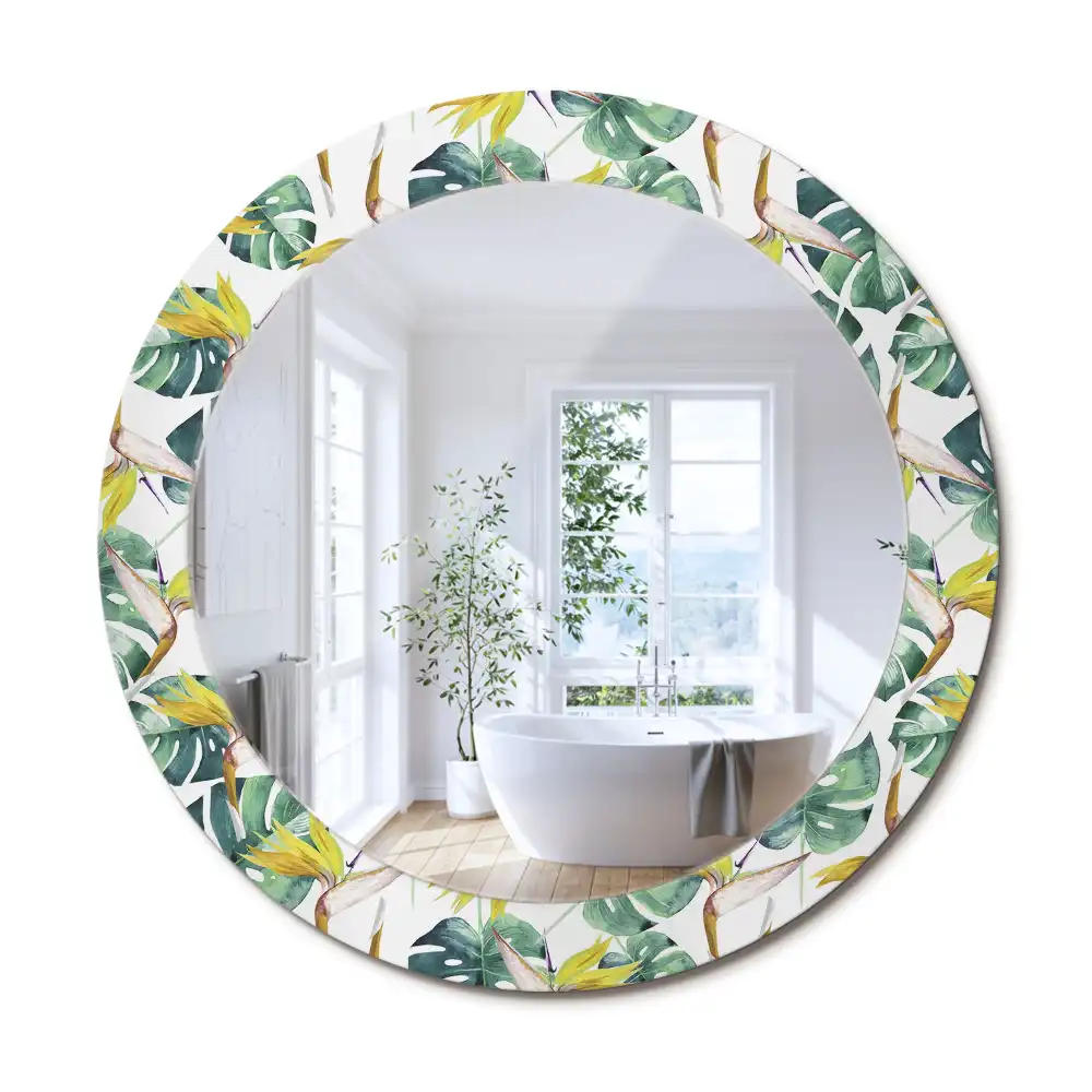Oglindă rotundă cu ramă imprimată cu frunze tropicale