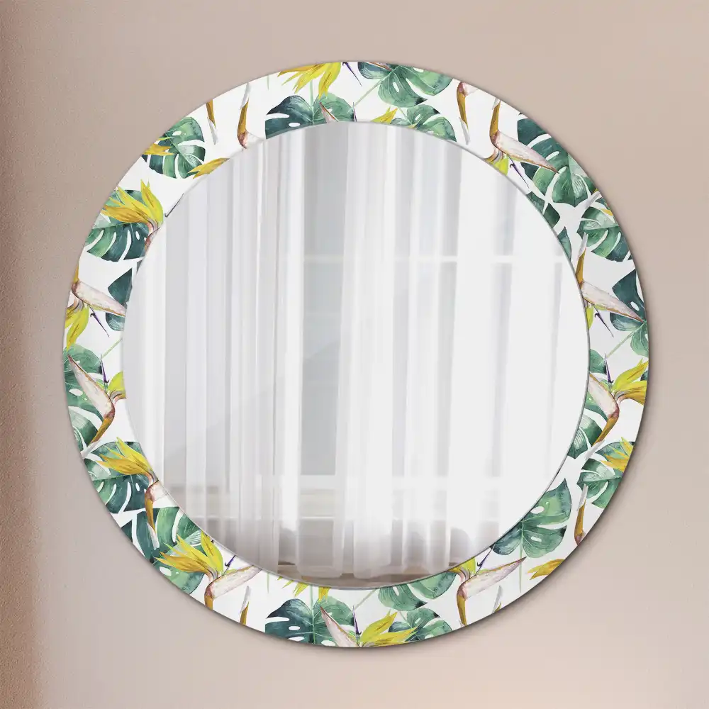 Oglindă rotundă cu ramă imprimată cu frunze tropicale