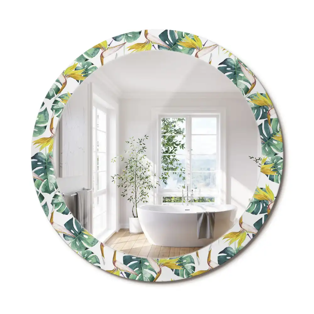 Oglindă rotundă cu ramă imprimată cu frunze tropicale