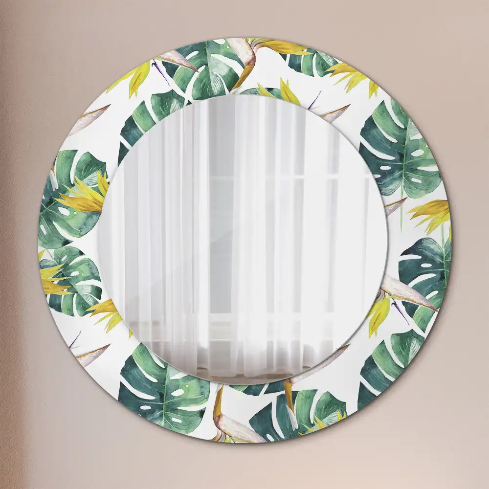 Oglindă rotundă cu ramă imprimată cu frunze tropicale