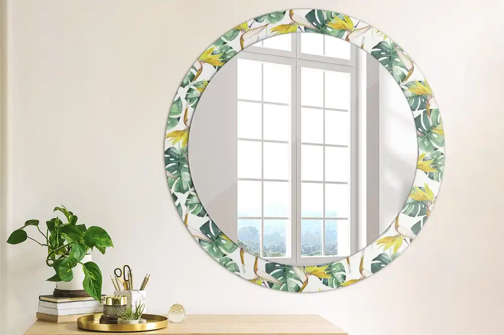 Oglindă rotundă cu ramă imprimată cu frunze tropicale