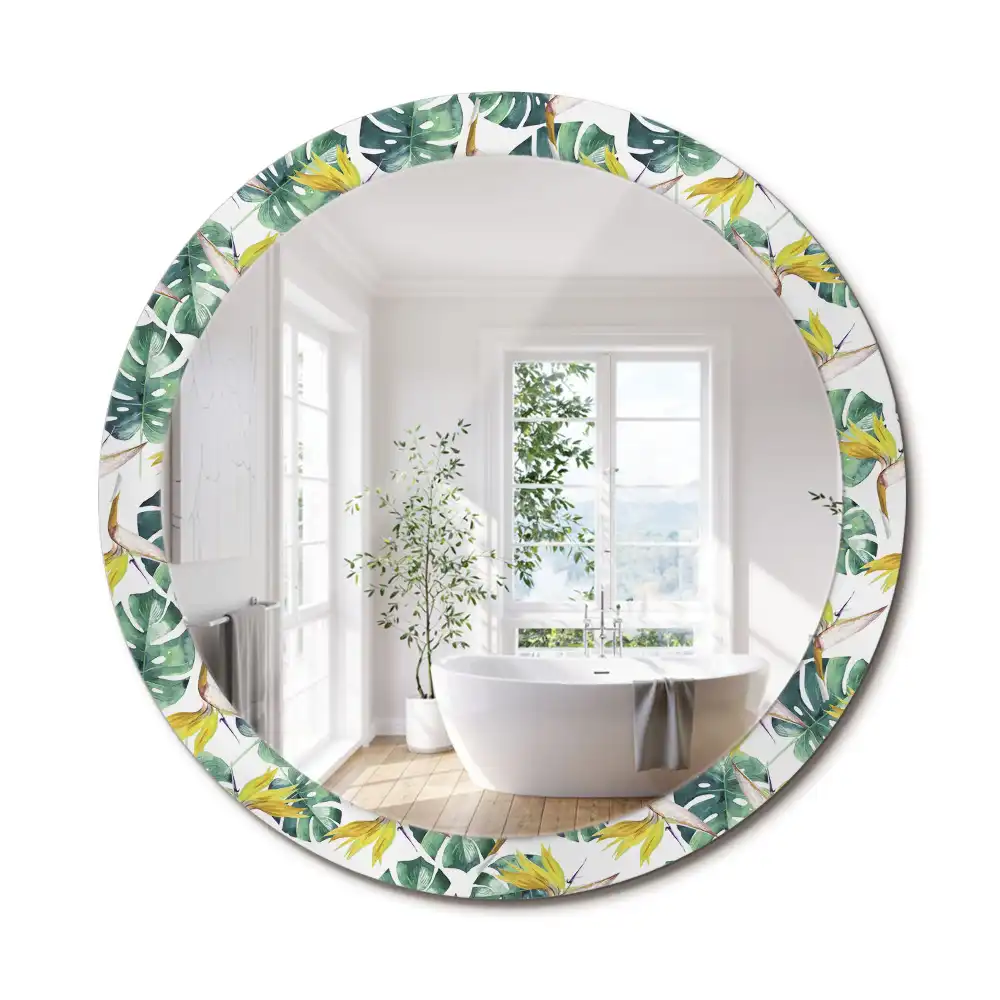 Oglindă rotundă cu ramă imprimată cu frunze tropicale