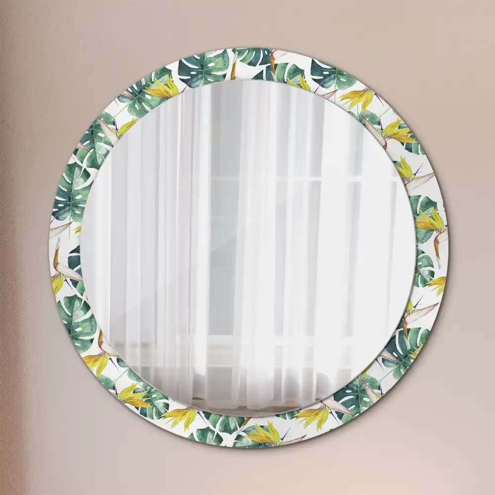 Oglindă rotundă cu ramă imprimată cu frunze tropicale