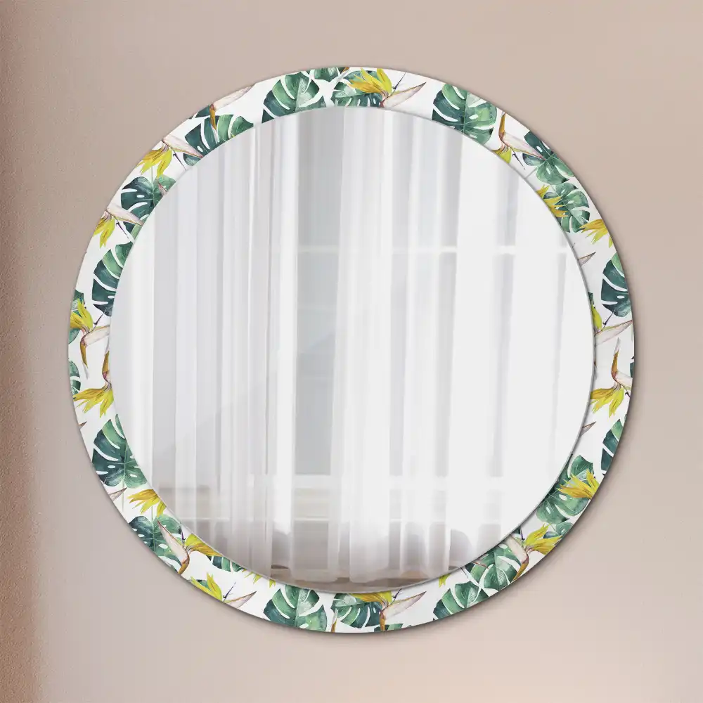 Oglindă rotundă cu ramă imprimată cu frunze tropicale
