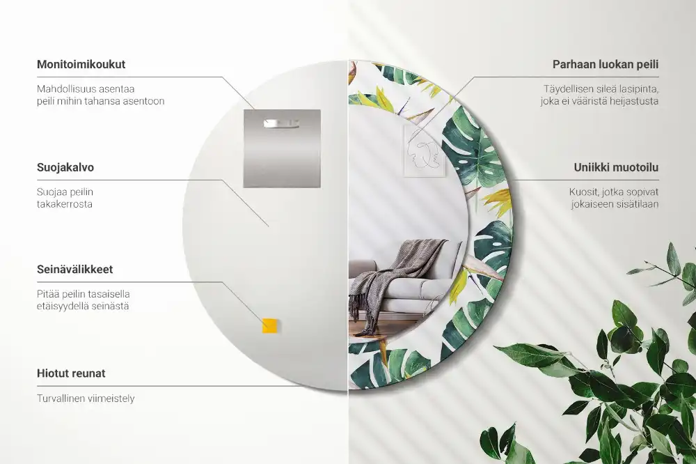 Oglindă rotundă cu ramă imprimată cu frunze tropicale