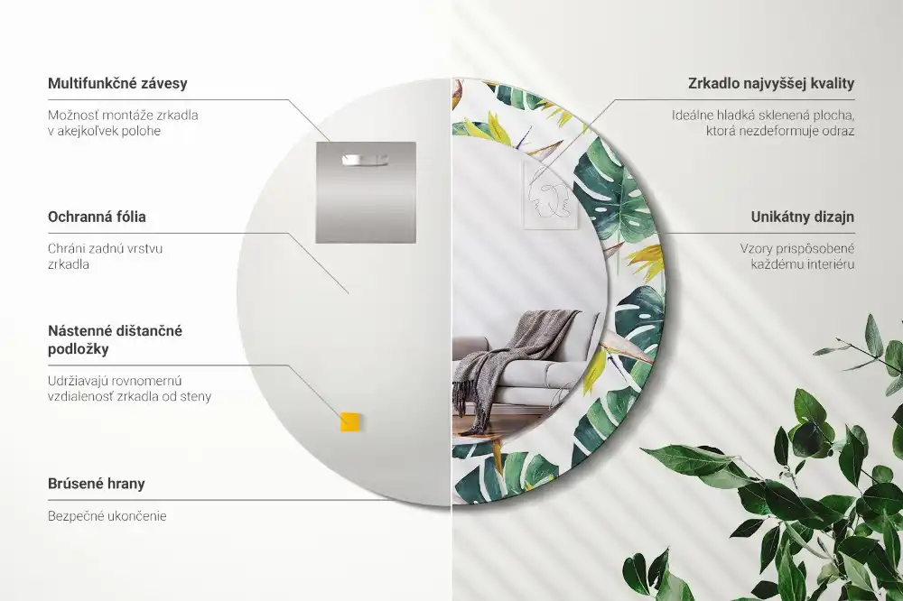 Oglindă rotundă cu ramă imprimată cu frunze tropicale