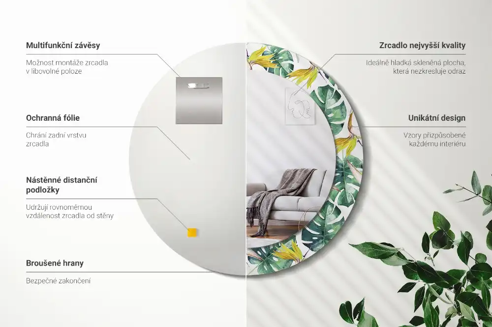 Oglindă rotundă cu ramă imprimată cu frunze tropicale