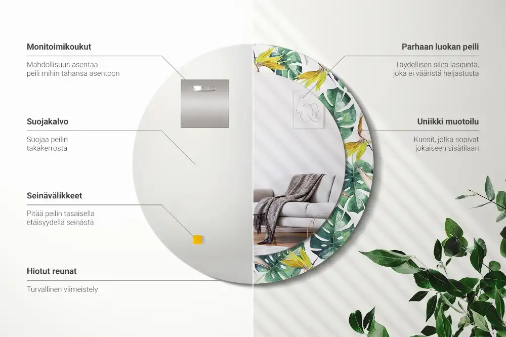 Oglindă rotundă cu ramă imprimată cu frunze tropicale