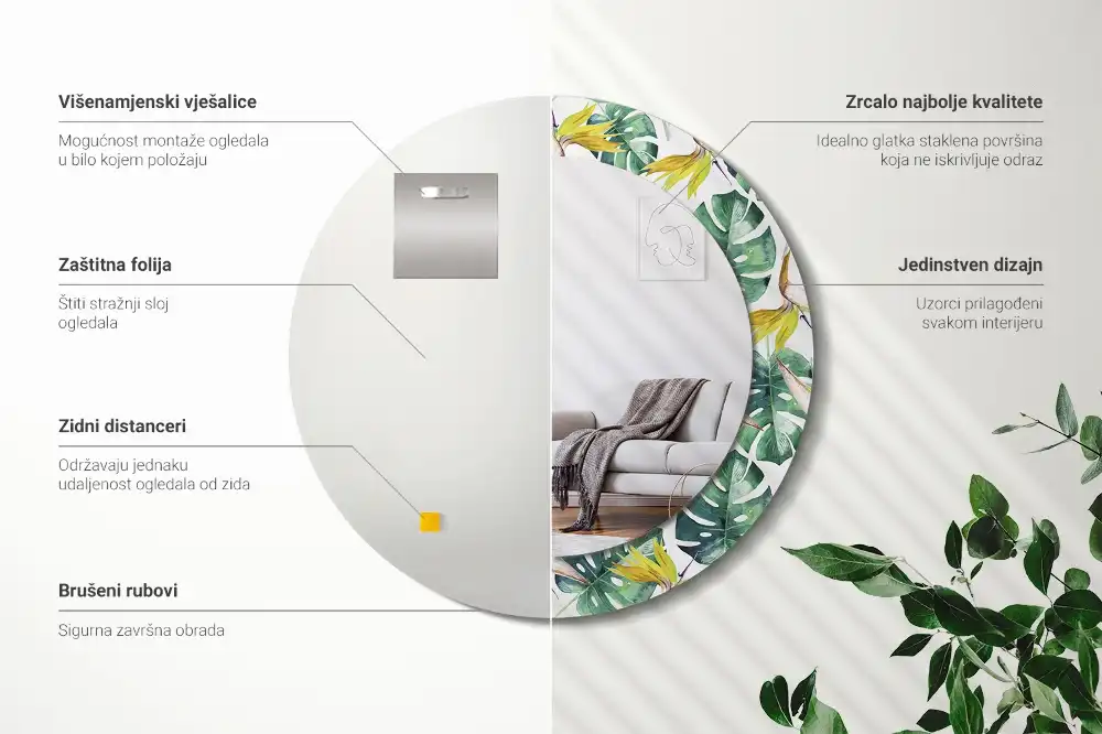 Oglindă rotundă cu ramă imprimată cu frunze tropicale