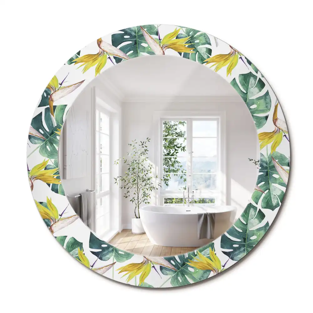 Oglindă rotundă cu ramă imprimată cu frunze tropicale