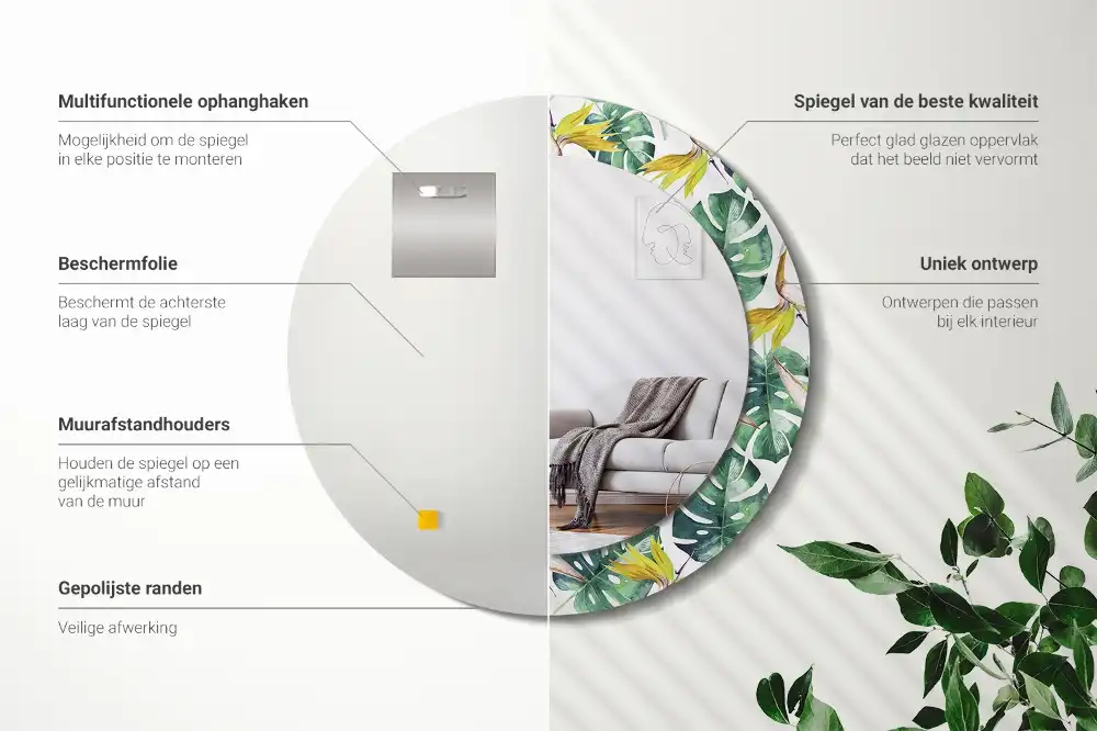 Oglindă rotundă cu ramă imprimată cu frunze tropicale