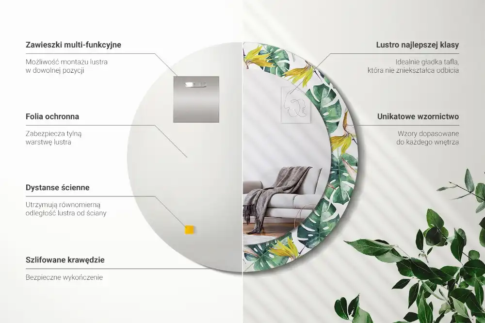 Oglindă rotundă cu ramă imprimată cu frunze tropicale