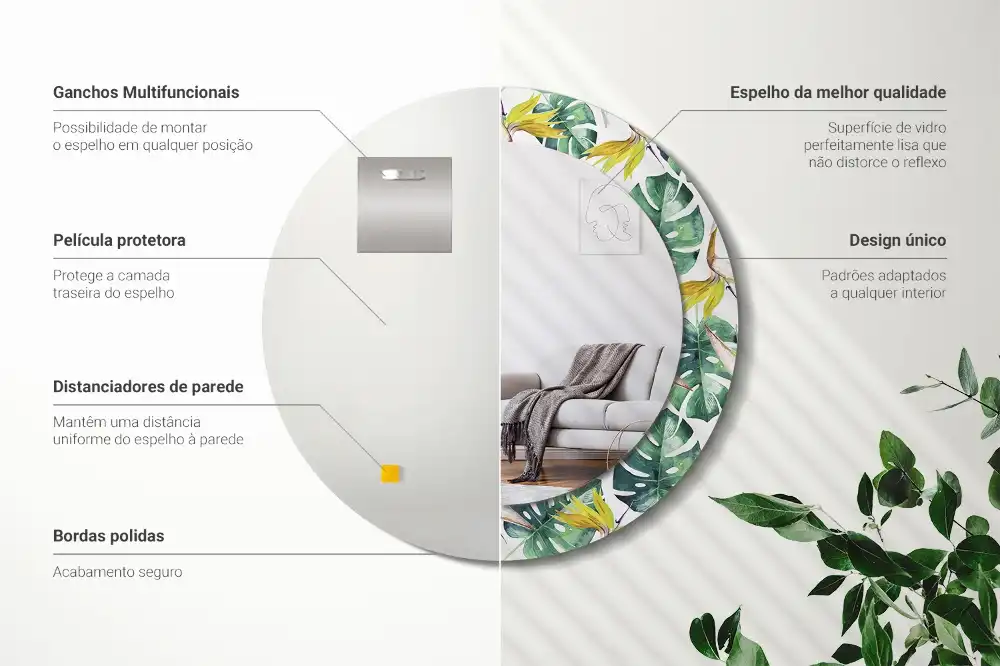 Oglindă rotundă cu ramă imprimată cu frunze tropicale