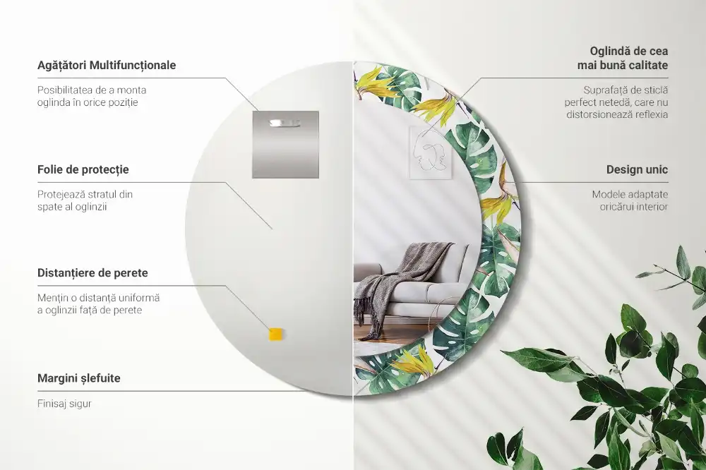 Oglindă rotundă cu ramă imprimată cu frunze tropicale