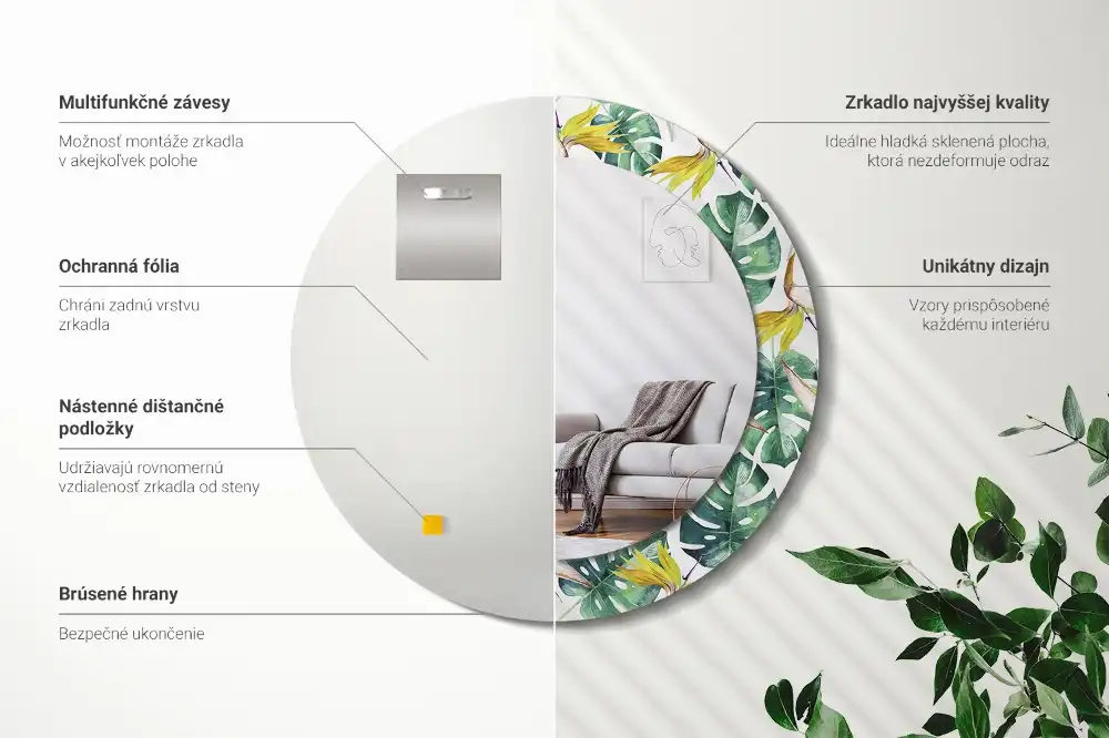 Oglindă rotundă cu ramă imprimată cu frunze tropicale