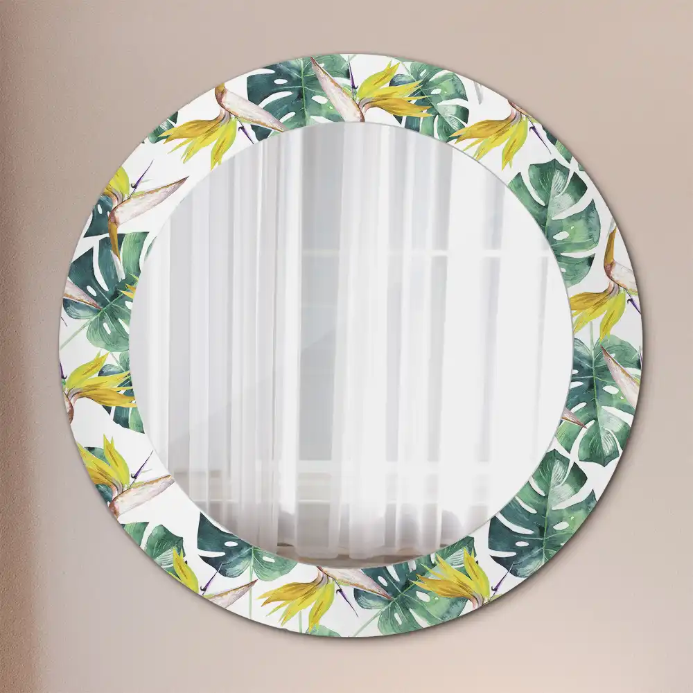 Oglindă rotundă cu ramă imprimată cu frunze tropicale