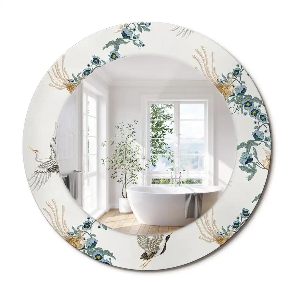 Oglindă rotundă de perete decorativă cu păsări chinezești
