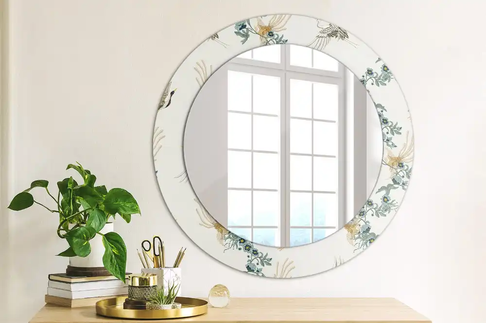 Oglindă rotundă de perete decorativă cu păsări chinezești