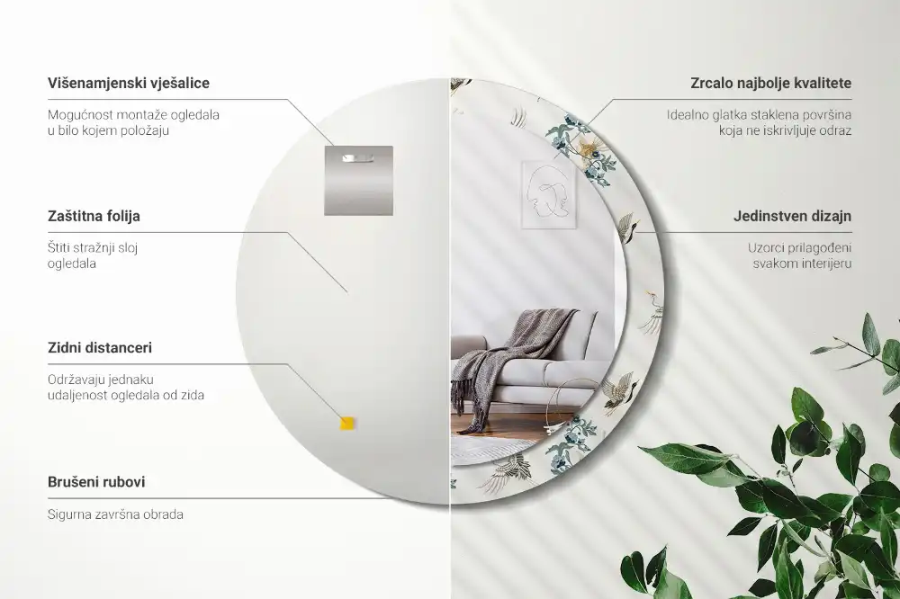 Oglindă rotundă de perete decorativă cu păsări chinezești