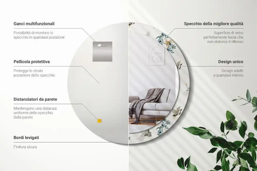 Oglindă rotundă de perete decorativă cu păsări chinezești