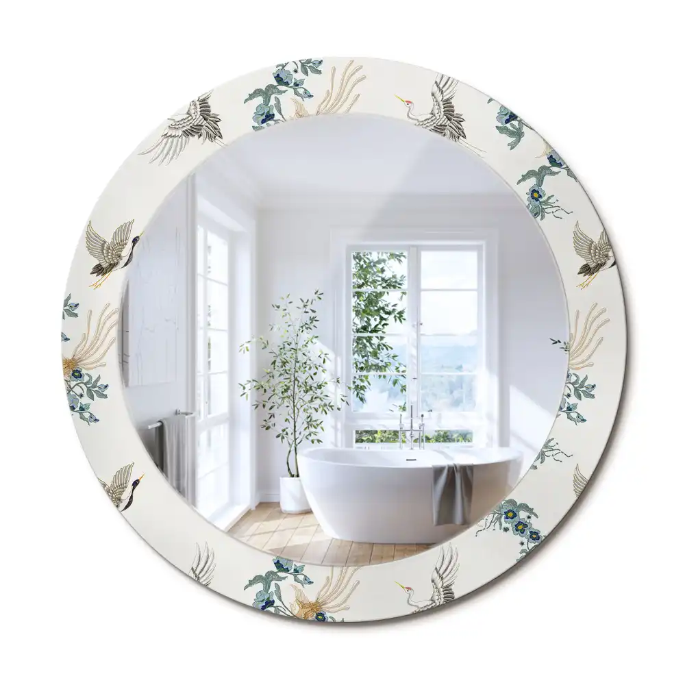 Oglindă rotundă de perete decorativă cu păsări chinezești