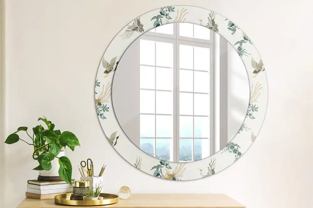 Oglindă rotundă de perete decorativă cu păsări chinezești