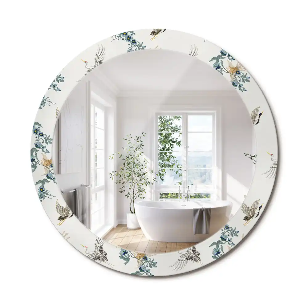 Oglindă rotundă de perete decorativă cu păsări chinezești