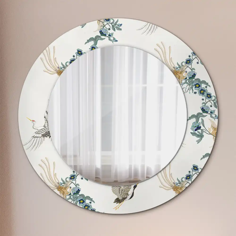 Oglindă rotundă de perete decorativă cu păsări chinezești