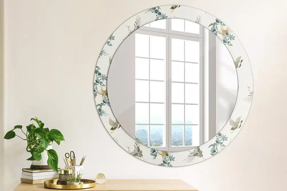 Oglindă rotundă de perete decorativă cu păsări chinezești
