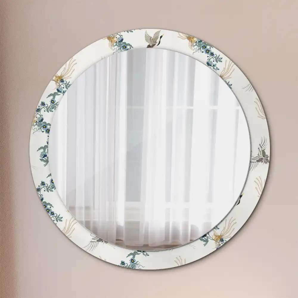 Oglindă rotundă de perete decorativă cu păsări chinezești