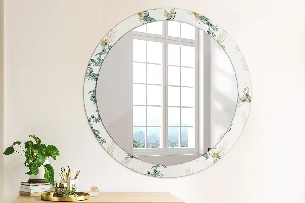 Oglindă rotundă de perete decorativă cu păsări chinezești