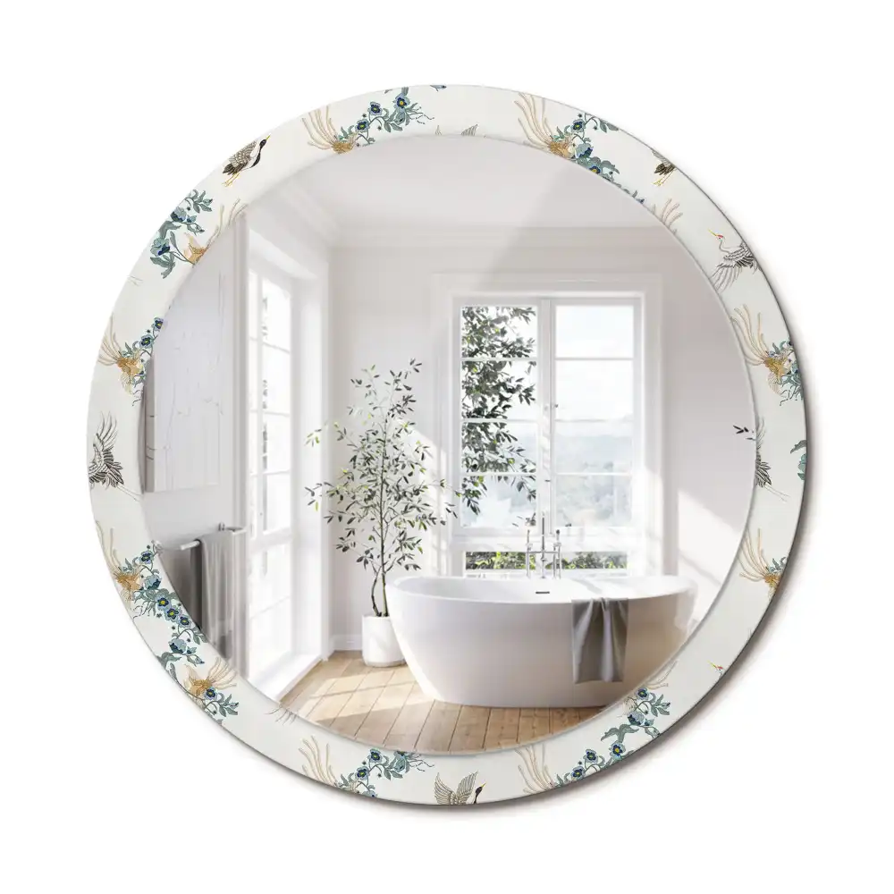 Oglindă rotundă de perete decorativă cu păsări chinezești