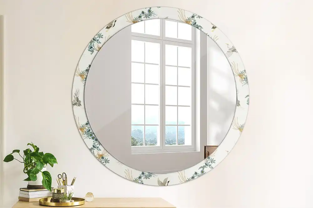 Oglindă rotundă de perete decorativă cu păsări chinezești