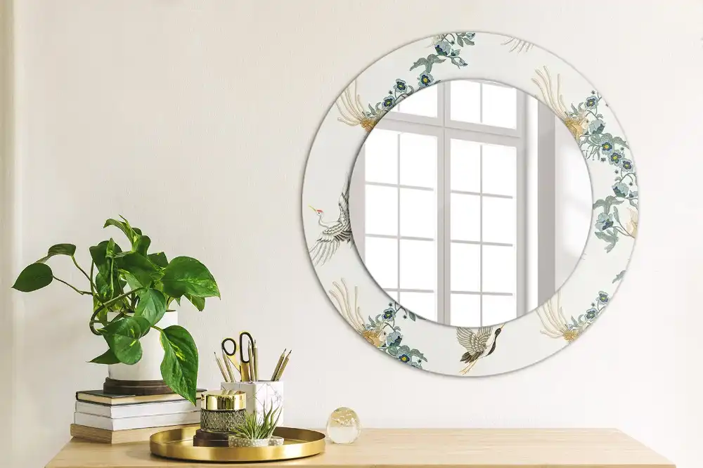 Oglindă rotundă de perete decorativă cu păsări chinezești