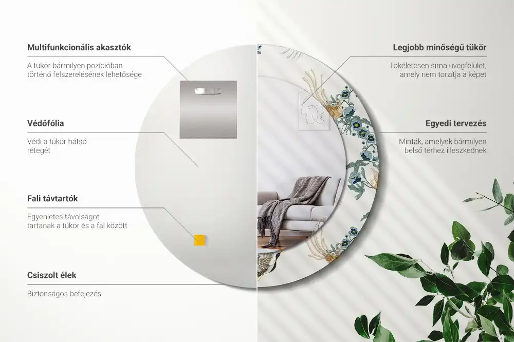 Oglindă rotundă de perete decorativă cu păsări chinezești