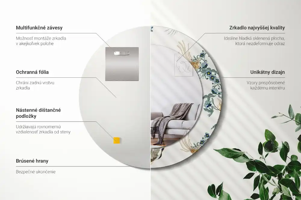 Oglindă rotundă de perete decorativă cu păsări chinezești