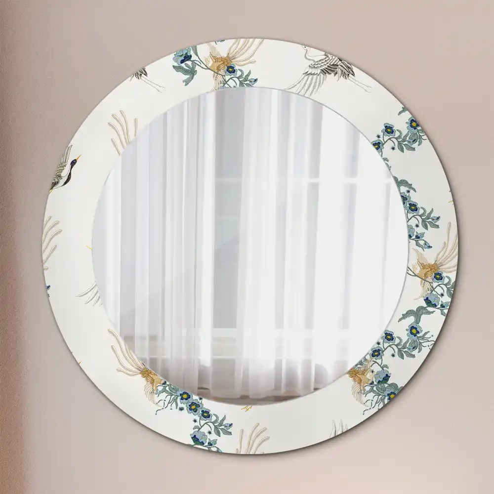 Oglindă rotundă de perete decorativă cu păsări chinezești