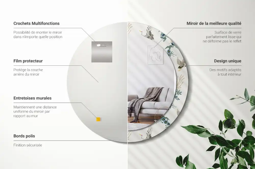 Oglindă rotundă de perete decorativă cu păsări chinezești