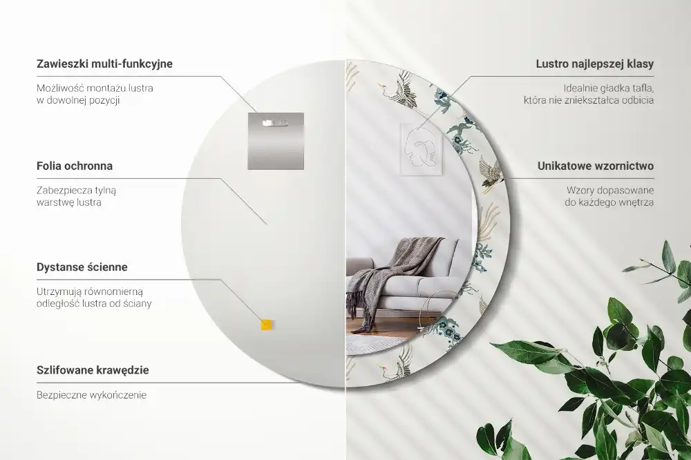 Oglindă rotundă de perete decorativă cu păsări chinezești