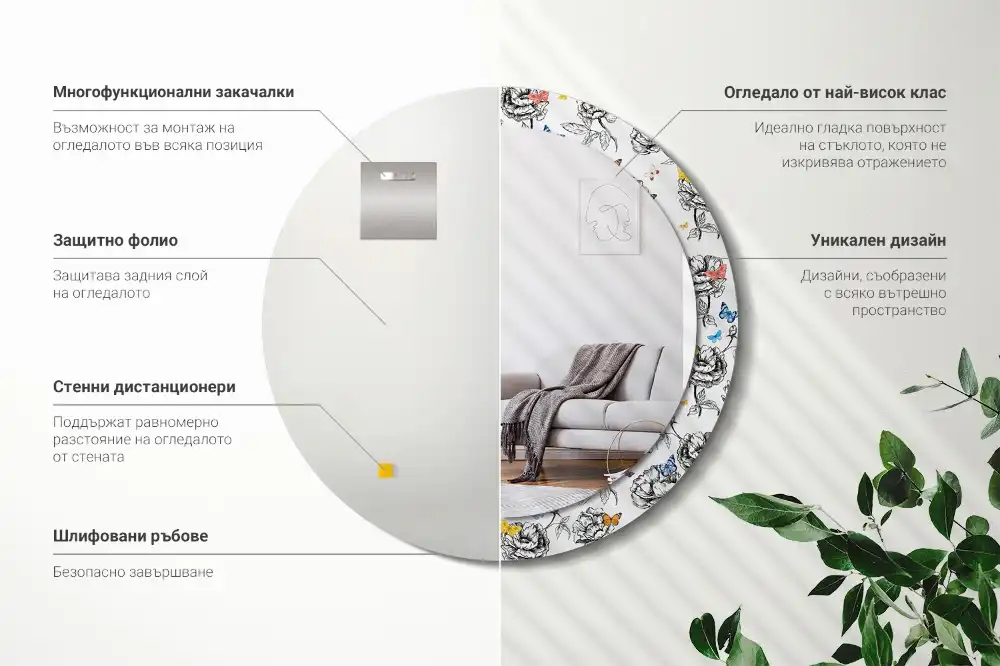 Oglindă rotundă decorativă cu fluturi colorați