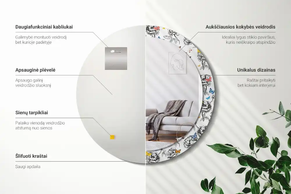 Oglindă rotundă decorativă cu fluturi colorați