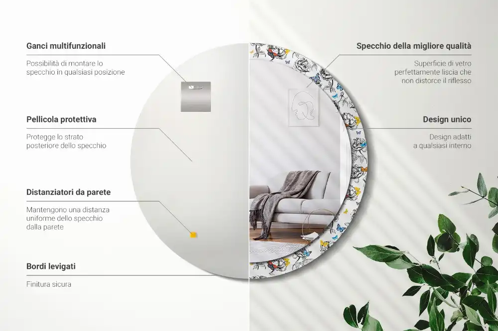 Oglindă rotundă decorativă cu fluturi colorați