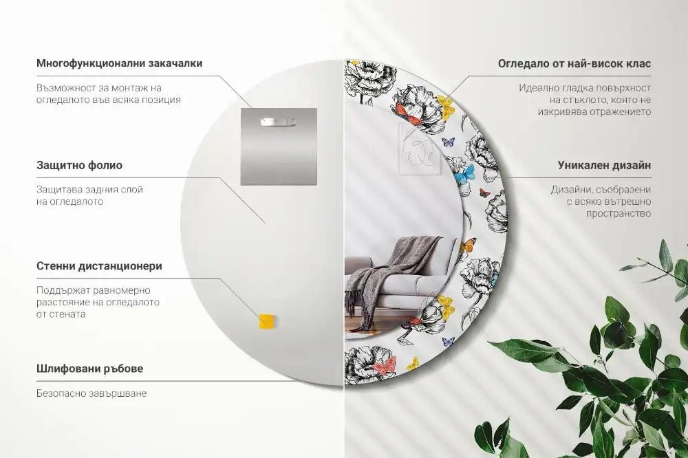 Oglindă rotundă decorativă cu fluturi colorați